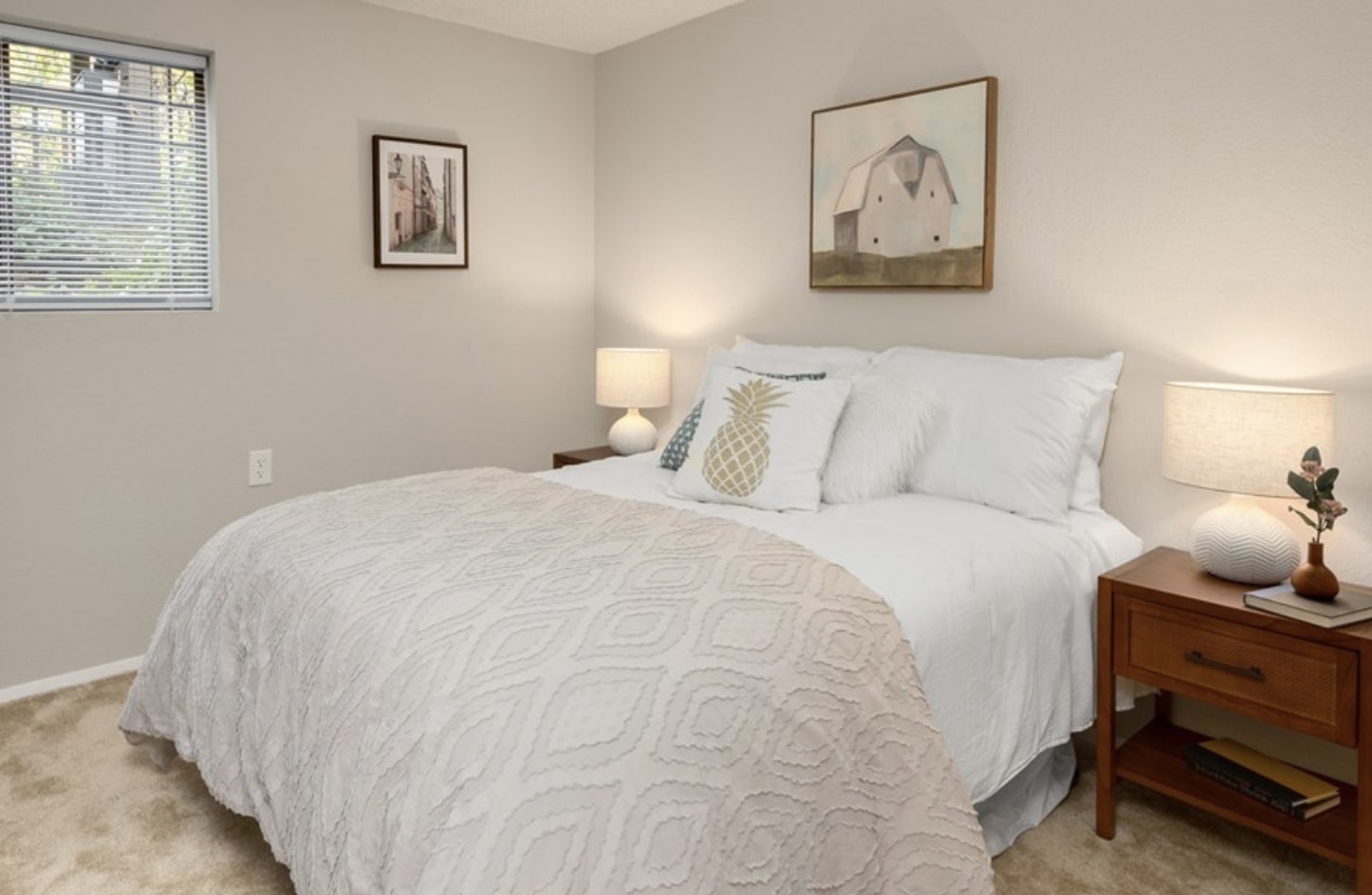 The guest bedroom features neutral yet playful style