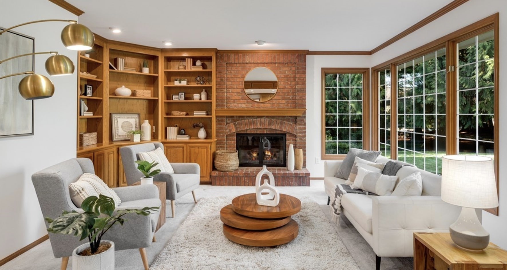 Modern earthy style accentuates this cozy family room
